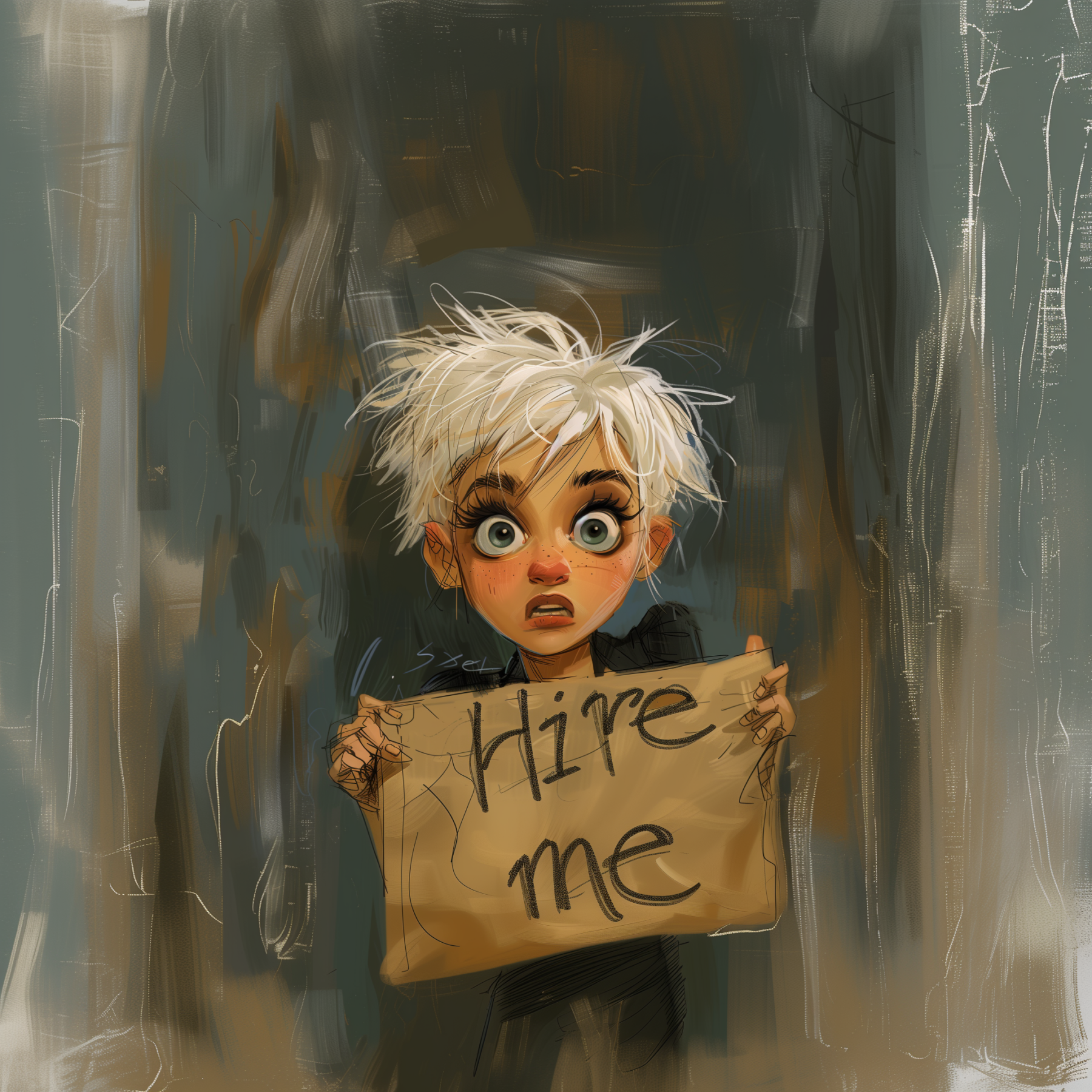 Midjourney created illustration of a 40-year old women with spiky hair, holding a sign that says "hire me."